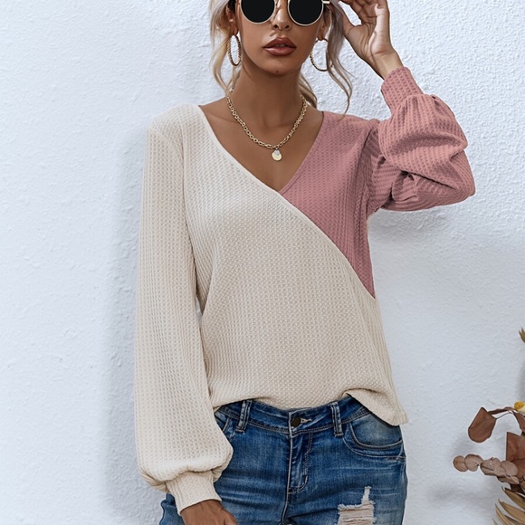 Boho waffle knit color block long sleeve top RED - Picture 4 of 4